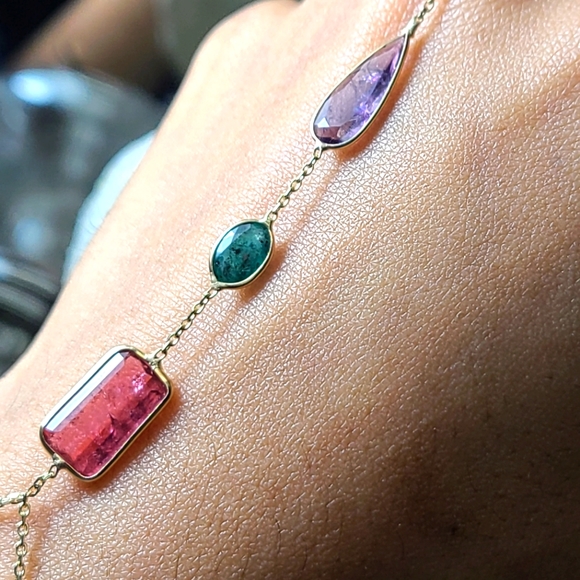 Stunning 14K Yellow Gold Multi Shape Tourmaline Hand Chain - Picture 5 of 8